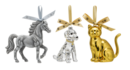 Set of whimsical unicorn, dog, and cat Christmas tree ornaments with gold and silver ribbons, perfect for holiday decoration