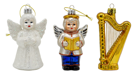 Christmas tree ornaments featuring angel figurines and a golden harp, perfect for holiday decoration and festive home decor