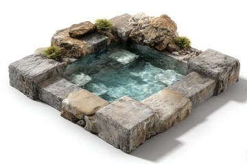 Small, square stone-lined pool with flowing water