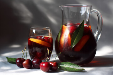 Fresh cherry juice in glass pitcher and tumbler with ripe cherries, healthy fruit beverage on white table, natural organic drink with ice cubes, summer refreshment in elegant glassware
