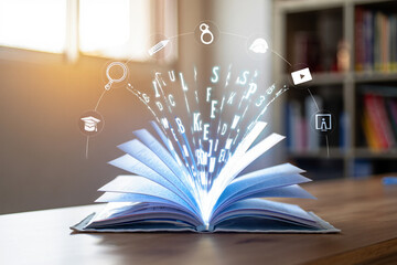 Photo of an open book emits glowing letters and educational icons, symbolizing knowledge and learning
