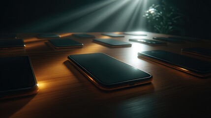 A collection of smartphones is elegantly arranged on a wooden surface, illuminated by dramatic lighting, This image is perfect for technology, communication, or product marketing themes,