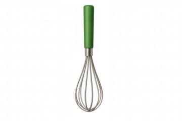 Green-handled metal whisk standing on transparent surface, professional kitchenware for culinary preparation and baking techniques