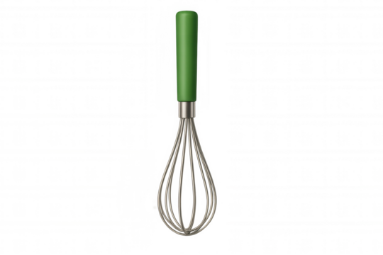 Green-handled metal whisk standing on transparent surface, professional kitchenware for culinary preparation and baking techniques