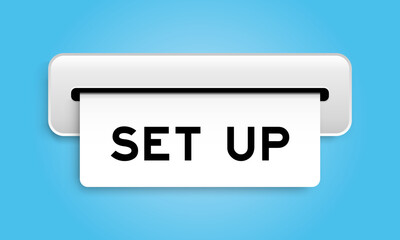 White coupon banner with word set up from machine on blue color background