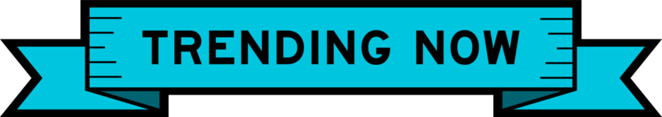 Ribbon label banner with word trending now in blue color on white background