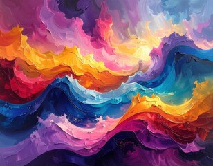 A vibrant abstract painting showcases layered, textured waves of color, radiating energy and emotion.