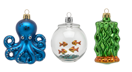Colorful glass Christmas ornaments shaped like octopus, fishbowl with goldfish, and seaweed for festive holiday decoration