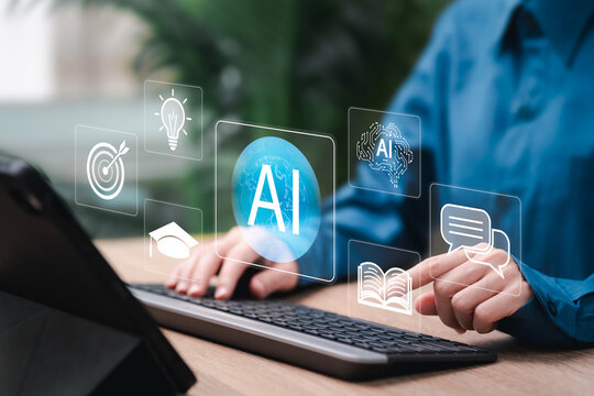 AI Technology Learning Concept, Businesswoman Developing Skills with Artificial Intelligence, Digital Transformation, Knowledge Growth, Smart Training, Future Innovation, Human and AI Collaboration