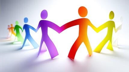 Colorful paper figures holding hands symbolize unity and teamwork, suitable for concepts of collaboration, diversity, and community in marketing materials, educational resources, or websites,