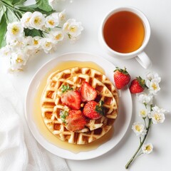 Waffle breakfast scene.  Fresh waffles topped with juicy strawberries and honey, served with a cup of tea and white flowers