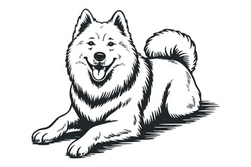 Naklejka premium Fluffy dog with wagging tail in a linocut style. Vector hand drawn illustration