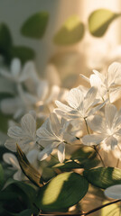 Delicate white hydrangea flowers with soft bokeh background in natural garden sunlight, dreamy floral blossom with green leaves and golden glow, romantic spring summer botanical photography 