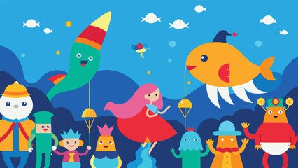 Obraz premium Whimsical underwater garden with colorful sea creatures and glowing flora