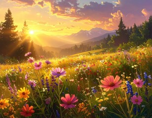 A vibrant meadow bursting with colorful wildflowers under a radiant sunrise, showcasing a serene mountain landscape.