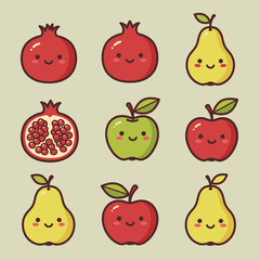 Cute Cartoon Fruits: Apples, Pears, and Pomegranates