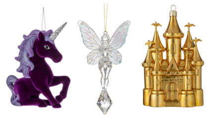Decorative Christmas ornaments featuring a purple unicorn, a crystal fairy, and a golden castle, ideal for holiday tree decoration