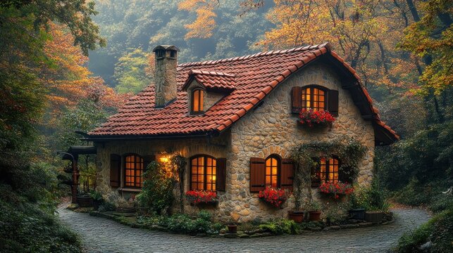 Cozy autumn cabin nestled in a forest - Powered by Adobe