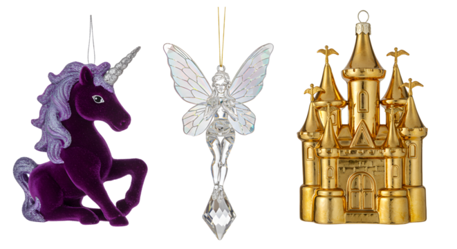 Decorative Christmas ornaments featuring a purple unicorn, a crystal fairy, and a golden castle, ideal for holiday tree decoration