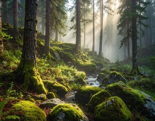 Sunlight streams through a misty forest, illuminating mossy rocks and trees.