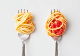 Two forks holding strands of pasta. One fork holds plain, uncooked spaghetti, the other holds spaghetti coated in tomato sauce