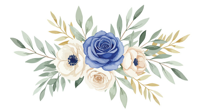 Elegant Watercolor Floral Bouquet with Blue Rose and Green Leaves