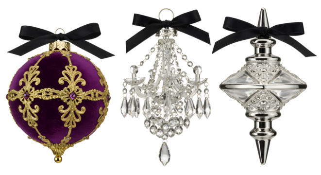Vintage Christmas ornaments set with velvet, gold filigree and crystal chandelier designs, luxury holiday decoration perfect for elegant festive decor