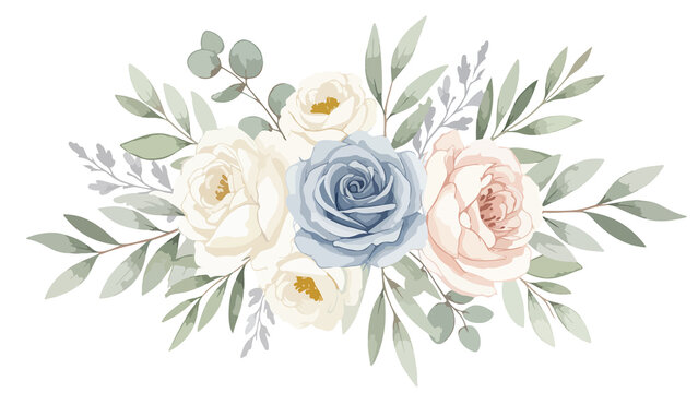 Watercolor floral bouquet with roses and eucalyptus