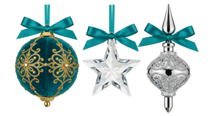 Elegant teal and silver Christmas ornaments with intricate designs and star shape, hanging with matching teal ribbons, perfect for holiday decoration