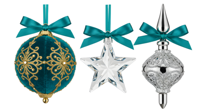 Elegant teal and silver Christmas ornaments with intricate designs and star shape, hanging with matching teal ribbons, perfect for holiday decoration