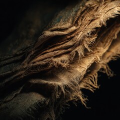 Old, frayed burlap fabric with a rough, woven texture and loose threads against a dark background.
