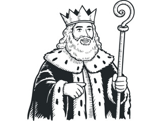 Line art king with crown and scepter holding staff on transparent background. Vector hand drawn illustration