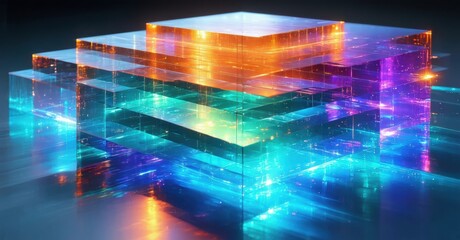 Obraz premium Vibrant stacked cubes glow, creating futuristic structure. Colors blend, reflecting light, forming abstract digital art.
