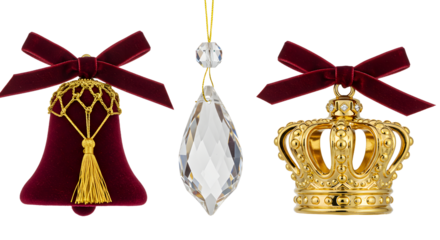Luxurious Christmas ornaments including velvet bell with tassel, crystal teardrop, and ornate gold crown decoration, perfect for holiday d?cor