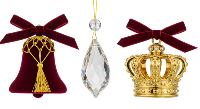 Luxurious Christmas ornaments including velvet bell with tassel, crystal teardrop, and ornate gold crown decoration, perfect for holiday d?cor