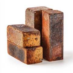Three rustic bricks arranged in a stack, showcasing varied shades of rusty brown and orange