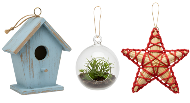 Rustic blue wooden birdhouse with natural twine, glass terrarium with succulent, and red woven star ornament, perfect for home decor and holiday decoration