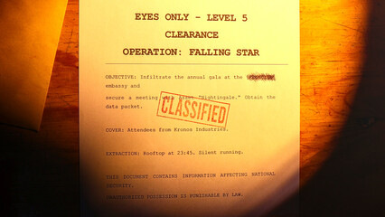 Close-up of a vintage-style, dummy yellowed document outlining a clandestine operation codenamed...