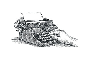 Hand typing on vintage typewriter with paper insert. Vector hand drawn illustration