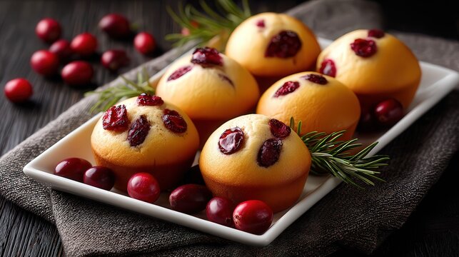 A plate of beautifully baked pastries, topped with cranberries, sits on a textured cloth, surrounded by fresh cranberries and herbs, ideal for food blogs, recipe books, or holiday menus,