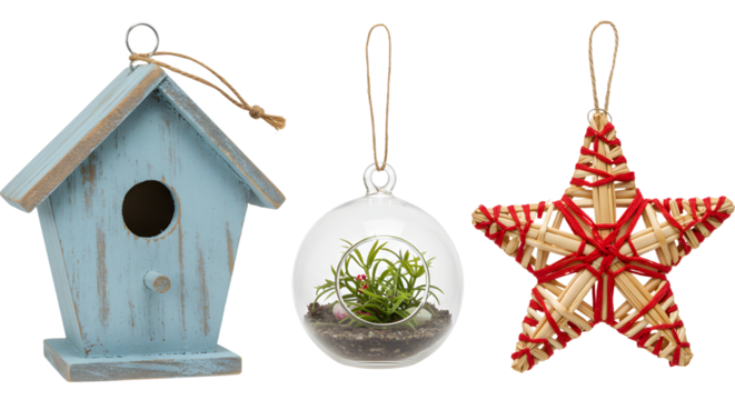 Rustic blue wooden birdhouse, glass terrarium ornament with plant, and woven star decoration for home interior and holiday decor