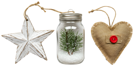 Rustic Christmas ornaments with wooden star, jar with pine branch and snow, and burlap heart decoration, perfect for holiday crafts