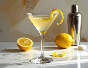 A delicate cocktail garnished with a lemon twist, bathed in natural light, sits on a marble countertop next to a shaker.