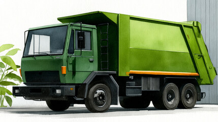 Green garbage truck with hydraulic compactor for municipal waste collection service, modern sanitation vehicle for city trash disposal and recycling management, heavy duty commercial waste hauler 