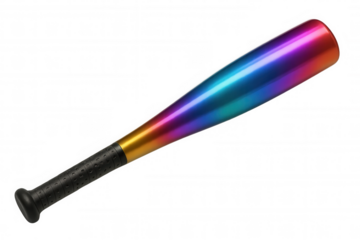 Rainbow baseball bat with black handle isolated on transparent background, perfect for sports and recreation themes