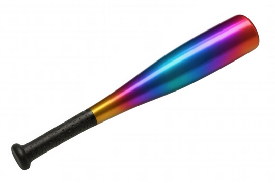 Rainbow baseball bat with black handle isolated on transparent background, perfect for sports and recreation themes