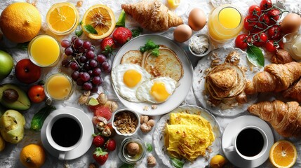 A vibrant breakfast spread featuring fruits, eggs, pancakes, and various pastries on a beautifully arranged table, perfect for food blogs, menus, or promotional materials for cafes and restaurants,