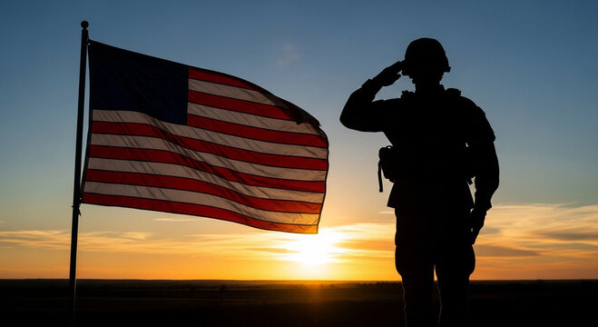 Photo of a soldier salutes the american flag at sunset, symbolizing patriotism and service