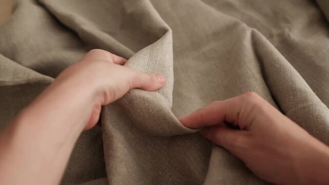 Closeup video of hands touching rough linen fabric. Appreciating texture of natural textile for clothes. Natural organic textile.
