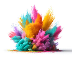 A vibrant explosion of color powders mid-air, bursting with energy and festive spirit, isolated on white background.